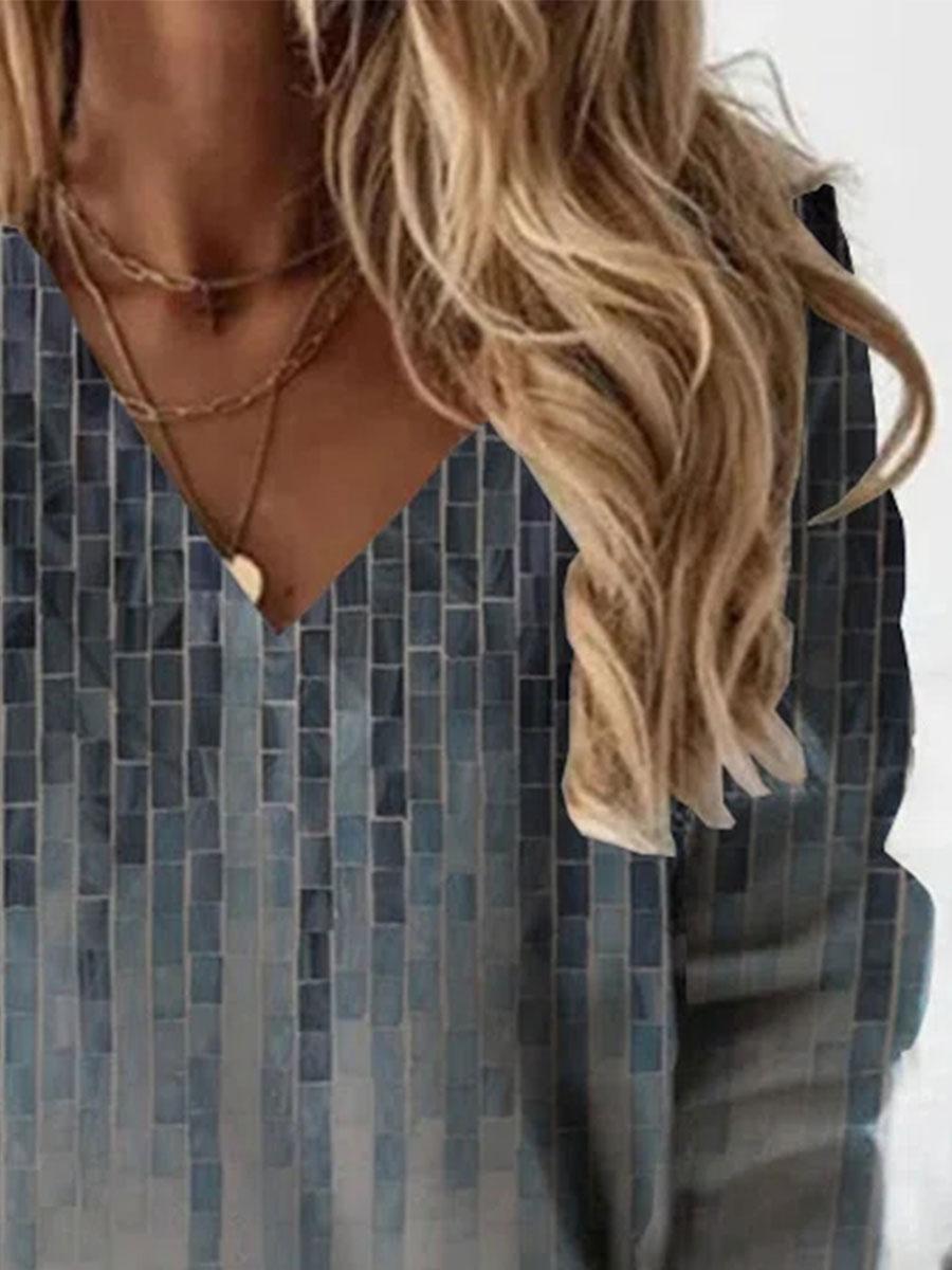 Fashion Textured Printed V-neck Long Sleeve Casual Sweatshirt