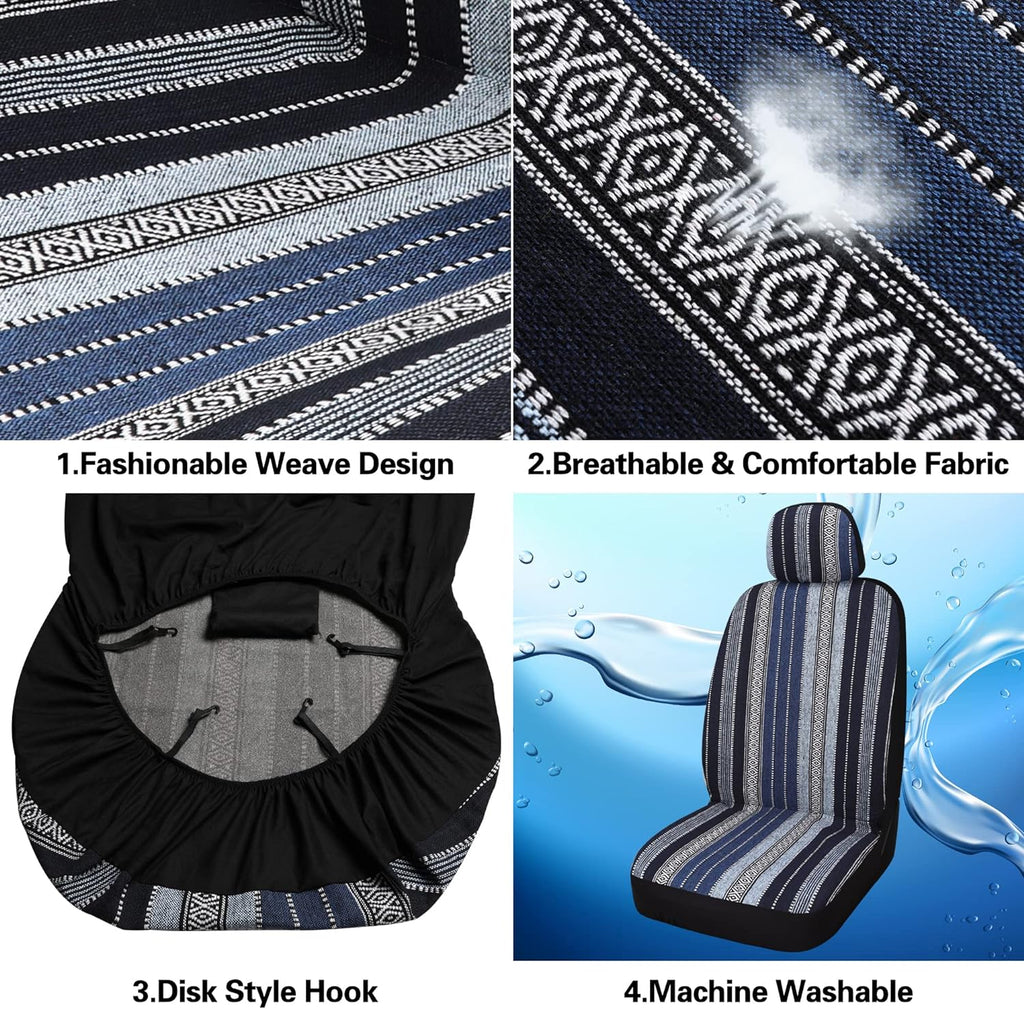 Pariitadin Baja Saddle Blanket Car Seat Covers Full Set with Seat Belt Pads, Washable Breathable Striped Woven Cloth Seat Covers for Cars Interior, Universal Fit Most Cars, Airbag Compatible, Blue