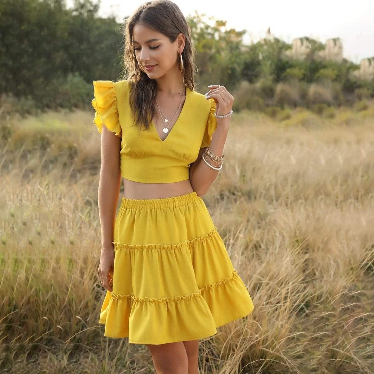 two-piece set backless ruffles