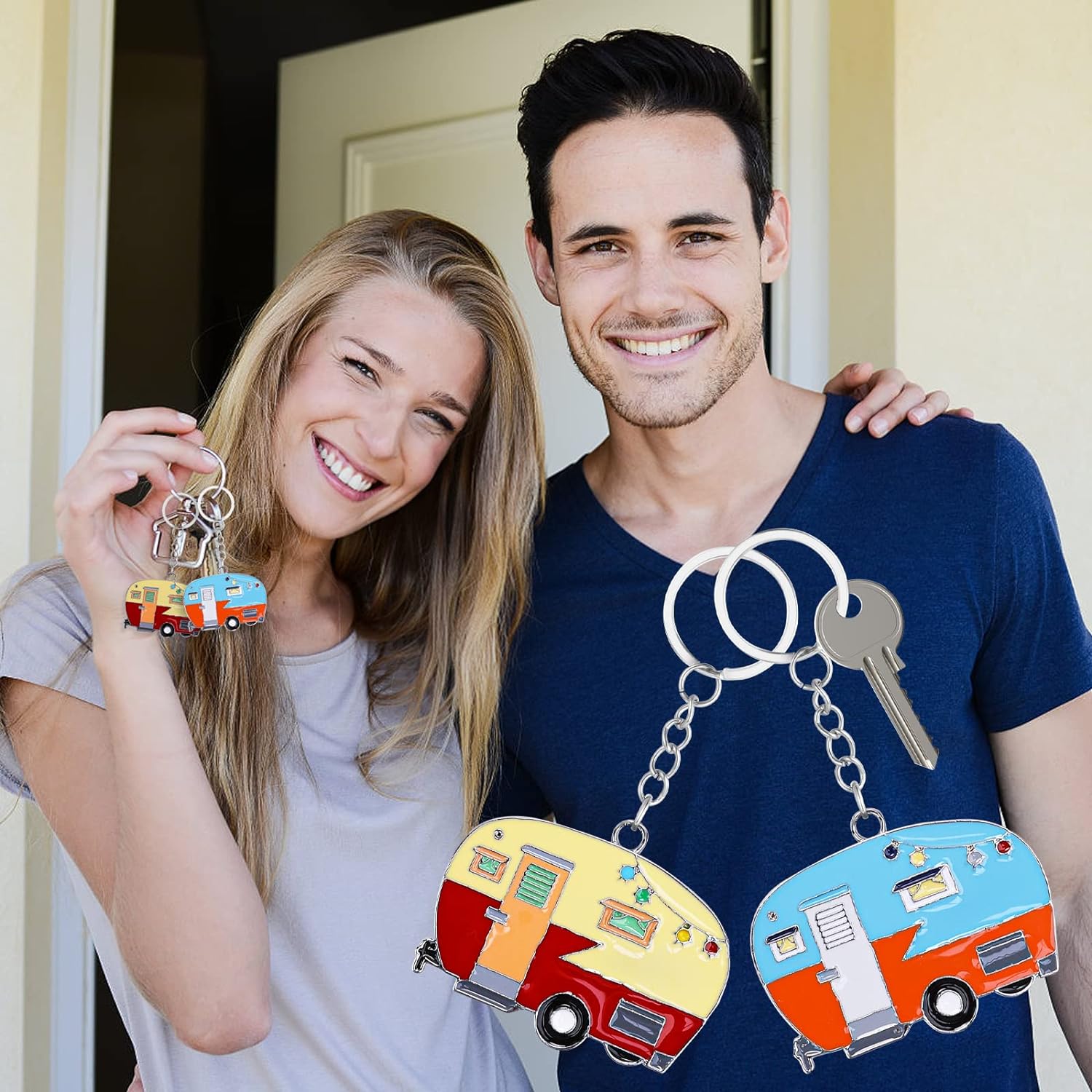 2 Pieces Camper Keychain, RV Camper Keyring Camper Accessories for Travel Trailers Retro Camping Car Keychain