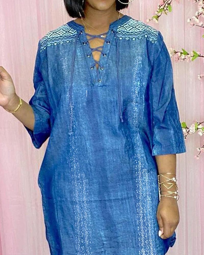 Geo Print Grommet Eyelet Lace-Up V-Neck Casual Dress