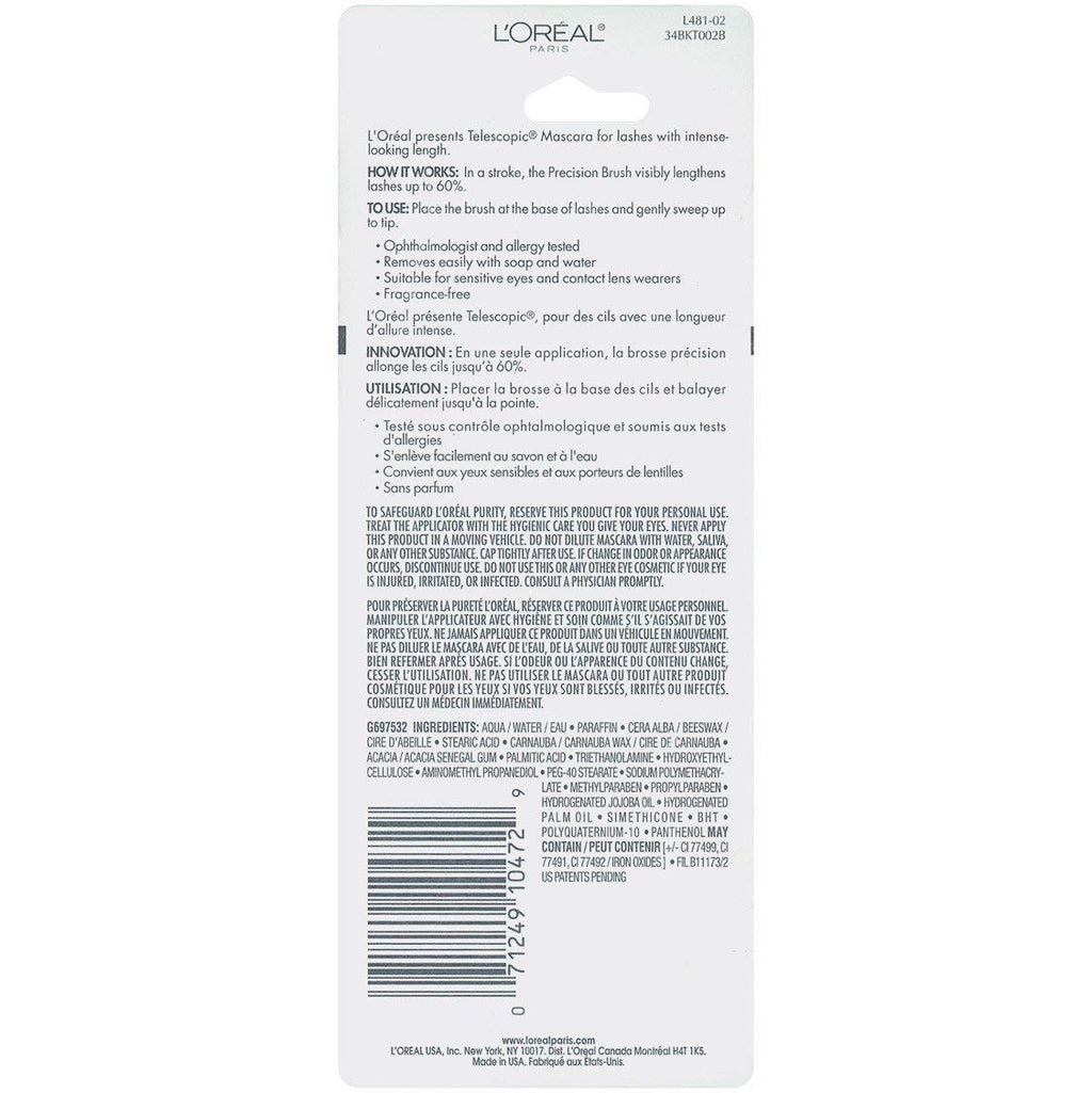 L'Oreal Paris Makeup Telescopic Original Lengthening Mascara, Blackest Black, 0.27 Fl Oz (Pack of 2)