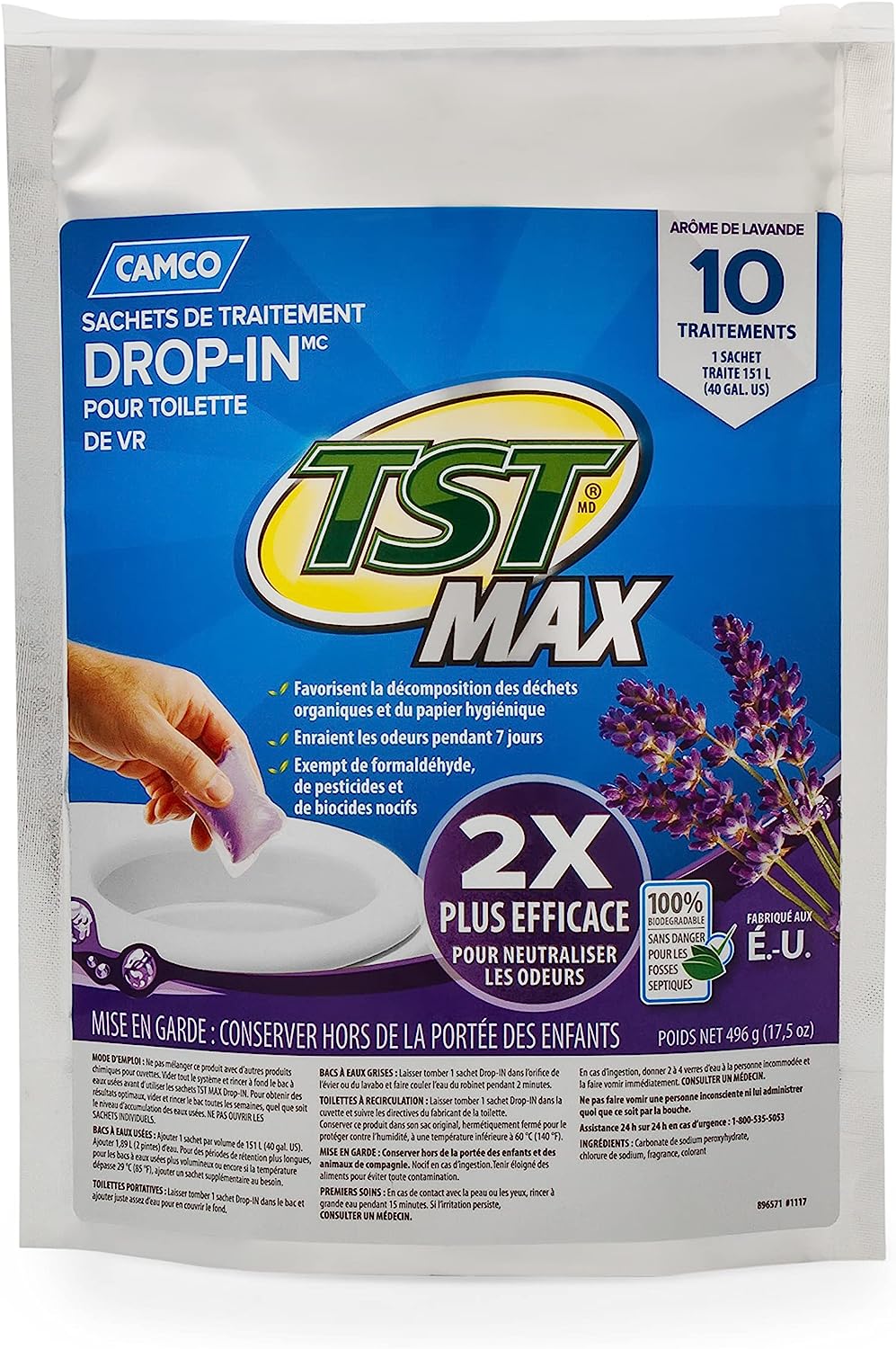 Camco TST MAX RV Toilet Treatment Drop-INs | Control Unwanted Odors and Break Down Waste and Tissue | Septic Tank Safe | Lavender Scent | 10-pack (41556)