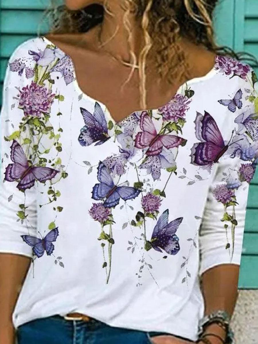 V-neck Floral Print Loose Long-Sleeved T-shirt