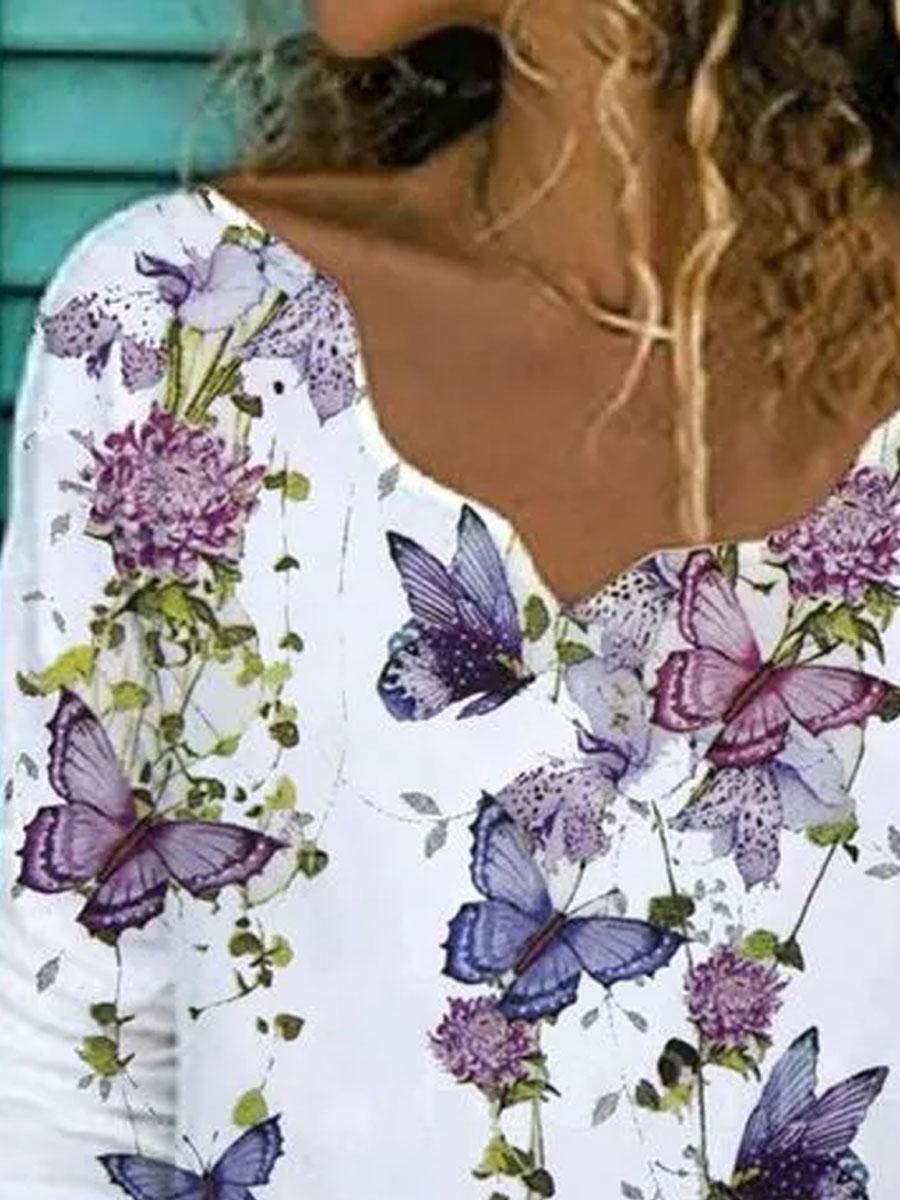 V-neck Floral Print Loose Long-Sleeved T-shirt