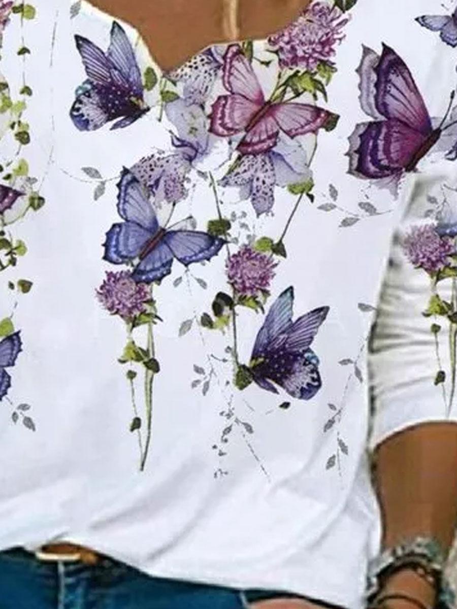 V-neck Floral Print Loose Long-Sleeved T-shirt