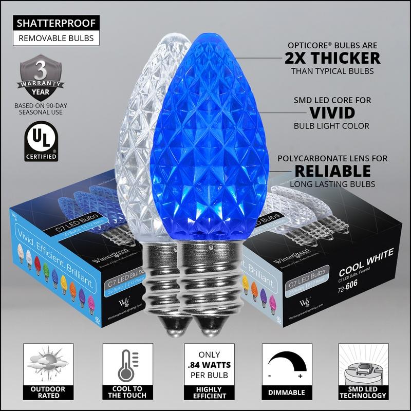 OptiCore C7 Blue and White Christmas Lights (Cool White), LED String Lights with Shatterproof Christmas Bulbs, 50 Lights, 50ft