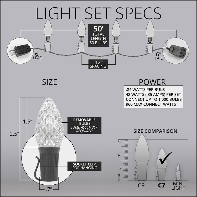 OptiCore C7 Blue and White Christmas Lights (Cool White), LED String Lights with Shatterproof Christmas Bulbs, 50 Lights, 50ft