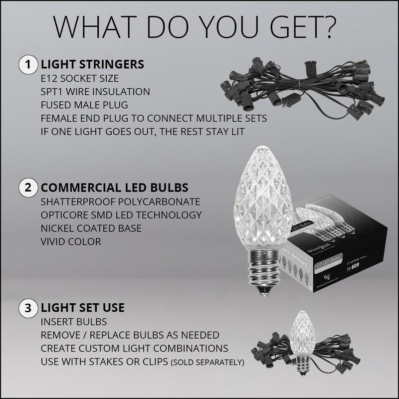 OptiCore C7 Blue and White Christmas Lights (Cool White), LED String Lights with Shatterproof Christmas Bulbs, 50 Lights, 50ft