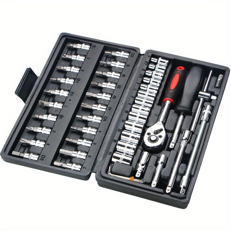 46pcs Car Repair Tool Kit: Ratchet Torque Wrench, Spanner, Screwdriver, Socket Set Combo - Perfect For Bicycle &amp; Auto Repairing!