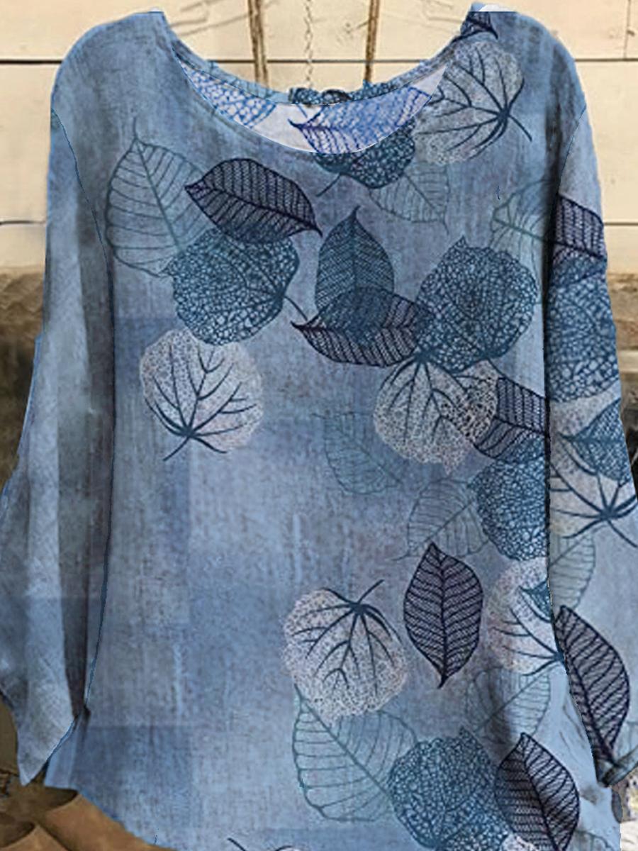 Round Neck Leaf Print Casual Long-sleeved Blouse