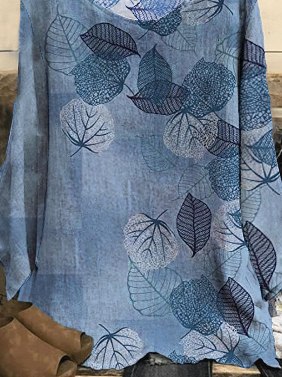 Round Neck Leaf Print Casual Long-sleeved Blouse