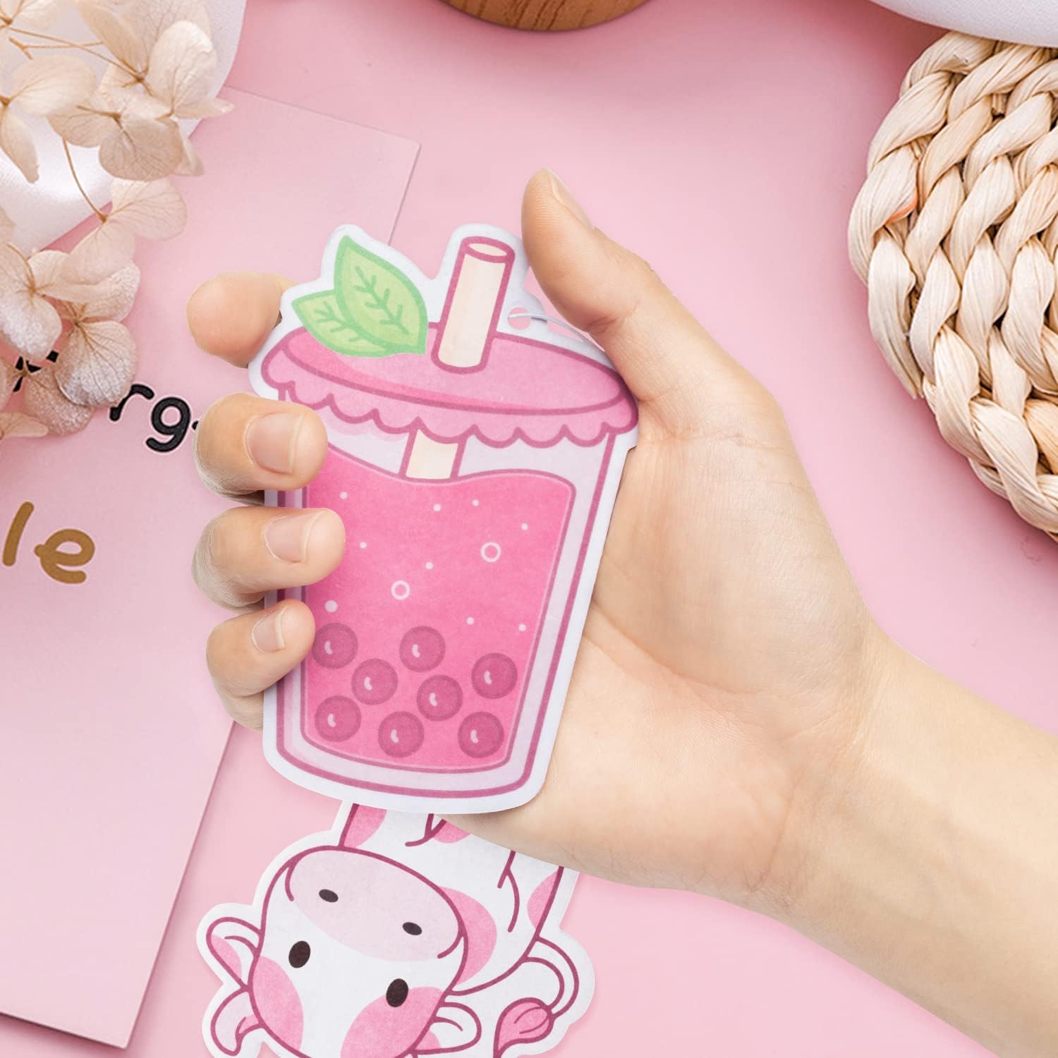 Car Air Freshener Kawaii Strawberry Incense Chips Scented Ornament, Car Rearview Mirror Pendant, 4 Styles and Scents Of Bubble Tea Strawberry Milk Hanging Ornament Vent Decoration Cute Aromatic For Party Supplies
