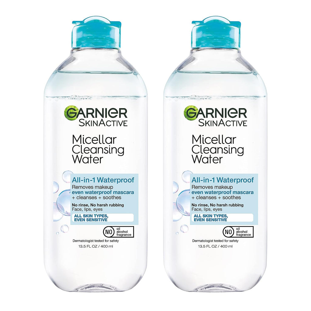 Garnier SkinActive Micellar Water For Waterproof Makeup, Facial Cleanser &amp; Makeup Remover, 13.5 Fl Oz (400mL), 2 Count (Packaging May Vary)