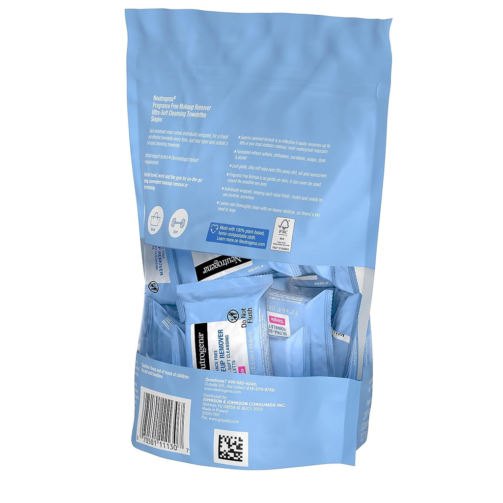 Neutrogena Fragrance-Free Makeup Remover Cleansing Towelette Singles, Individually-Wrapped Daily Face Wipes to Remove Dirt, Oil, Makeup &amp; Waterproof Mascara for Travel &amp; On-the-Go, 20 ct (Pack of 6)