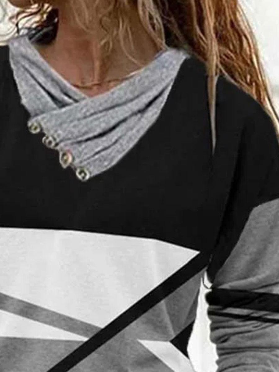 Fashion Color Matching Pile Collar Long-sleeved Casual T-shirt