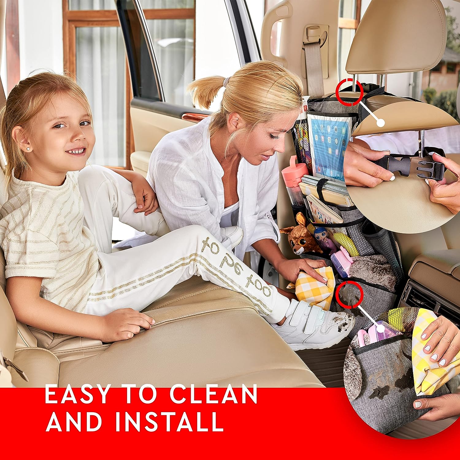 Helteko Backseat Car Organizer, Kick Mats Back Seat Protector with Touch Screen Tablet Holder, Car Back Seat Organizer for Kids, Car Travel Accessories, Kick Mat with 9 Storage Pockets 2 Pack, Gray