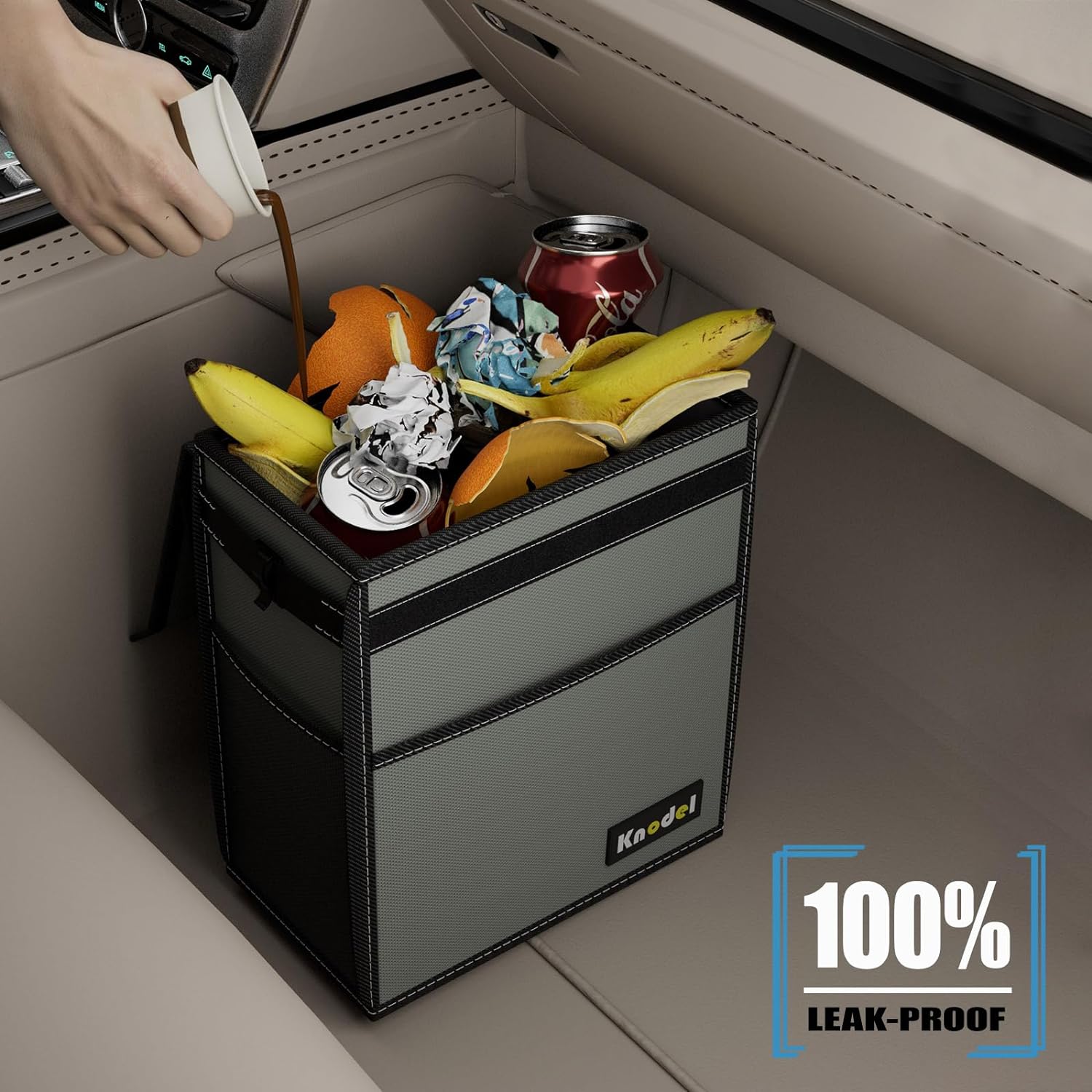 K KNODEL Car Trash Can, Waterproof Car Garbage Can, Car Trash Bag with Lid, Leak-Proof Car Trash Bin, Car Trash Hanging (Large, Gray)