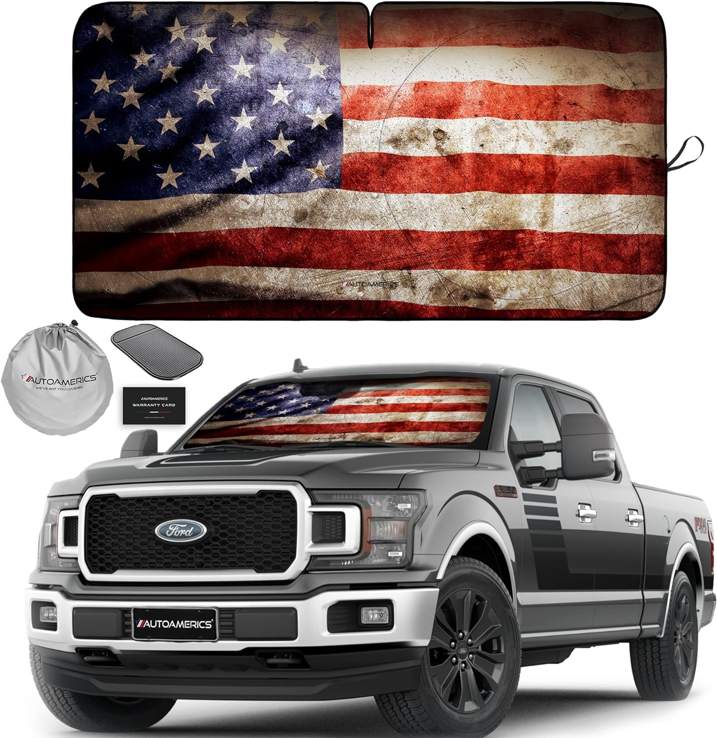 Autoamerics 1-Piece Windshield Sun Shade Grunge American Flag - 2 USA  - Foldable Car Front Window Sunshade for Most Sedans SUV Truck - Blocks Max UV Rays and Keeps Your Vehicle Cool - X-Large