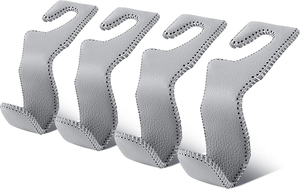 EldHus Seat Hooks for Purses and Bags, 4 Pack Car Purse Holder for Grocery Bag Handbag Clothes, Metal Headrest Hooks Covered by Leather, Grey