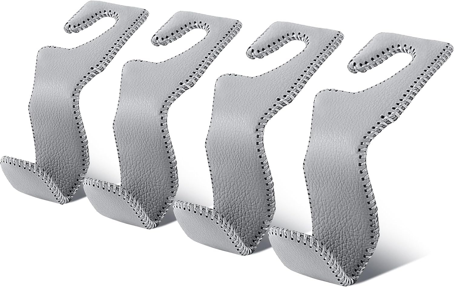 EldHus Seat Hooks for Purses and Bags, 4 Pack Car Purse Holder for Grocery Bag Handbag Clothes, Metal Headrest Hooks Covered by Leather, Grey