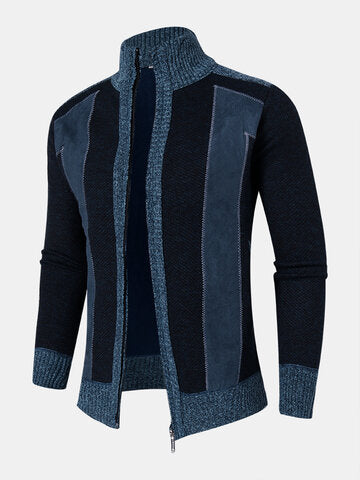 mens contrast stitching stand collar zipper front knitted casual cardigans