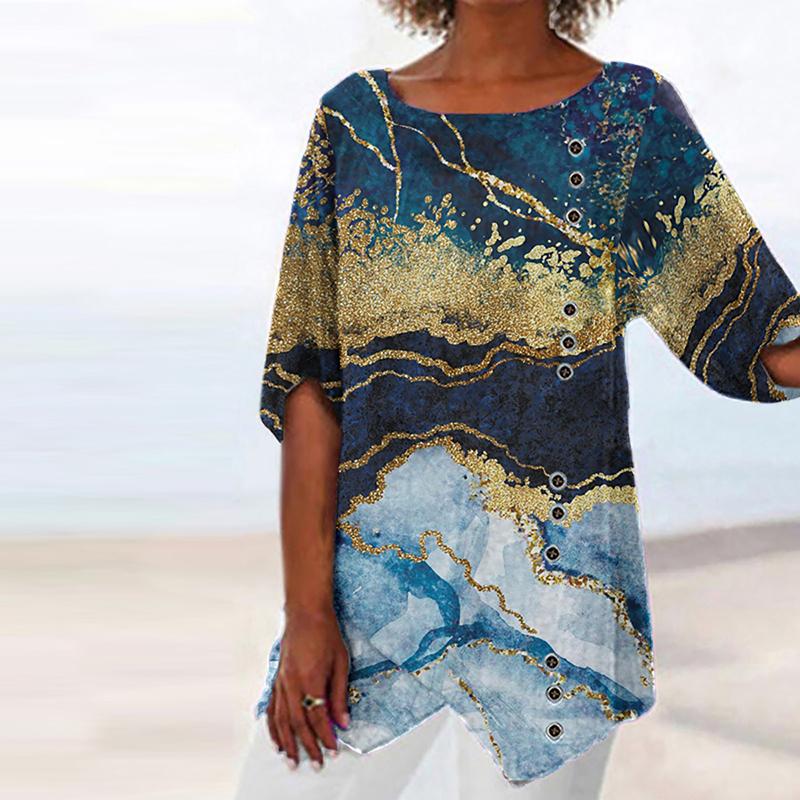 Fashion Button Round Neck Short Sleeve Printed Top