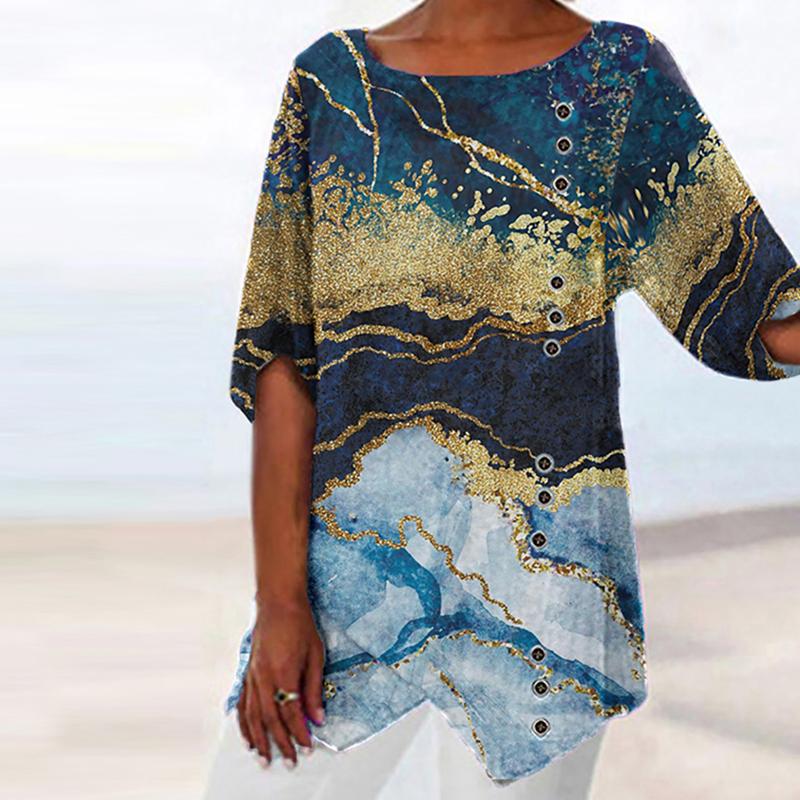 Fashion Button Round Neck Short Sleeve Printed Top
