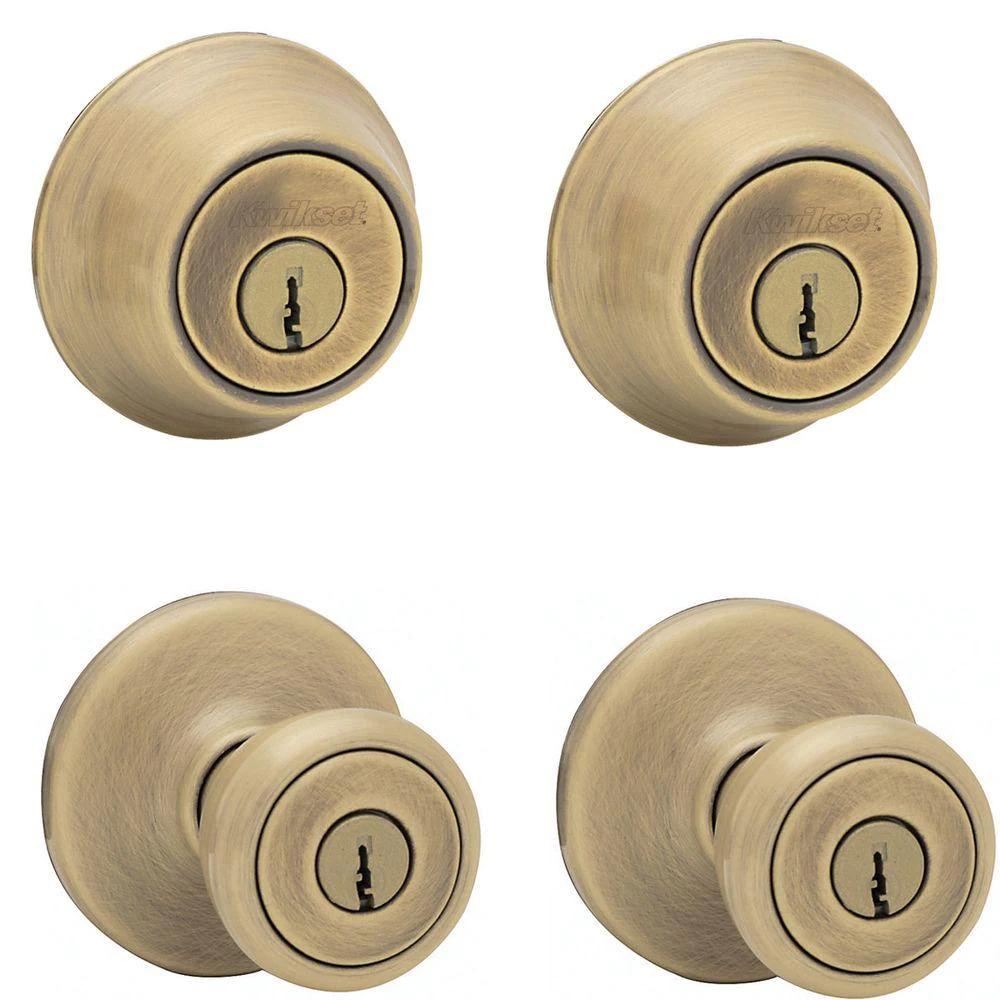 Tylo Antique Brass Exterior Entry Door Knob and Single Cylinder Deadbolt Project Pack