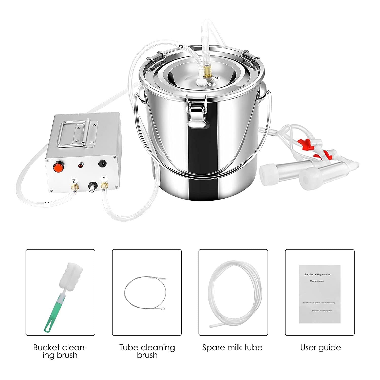SEAAN Goat MilMachine Goat Milker Electric MilMachine with 2 Teat Cups Pulsation Vacuum Pump  Steel Bucket 7L for Goat