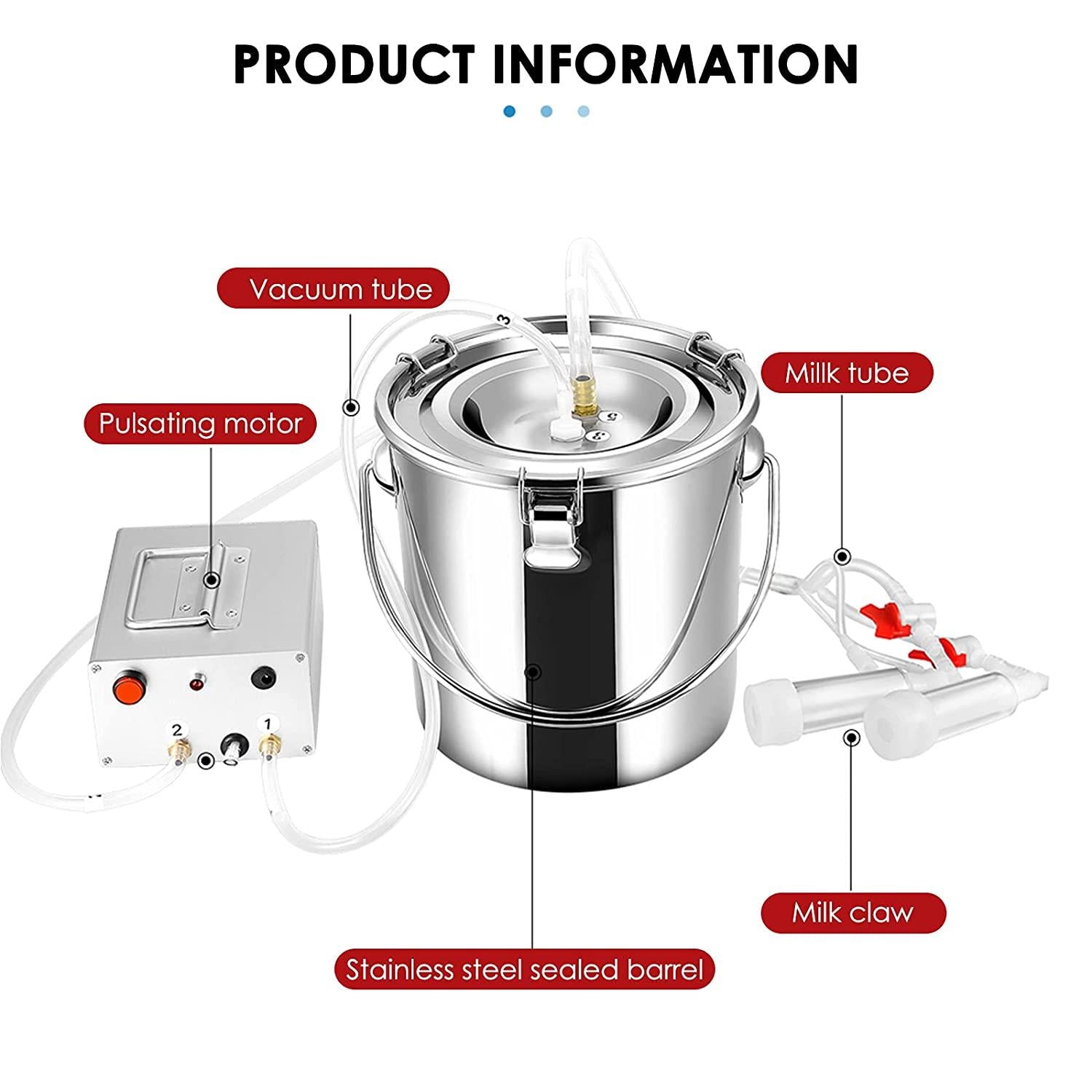 SEAAN Goat MilMachine Goat Milker Electric MilMachine with 2 Teat Cups Pulsation Vacuum Pump  Steel Bucket 7L for Goat