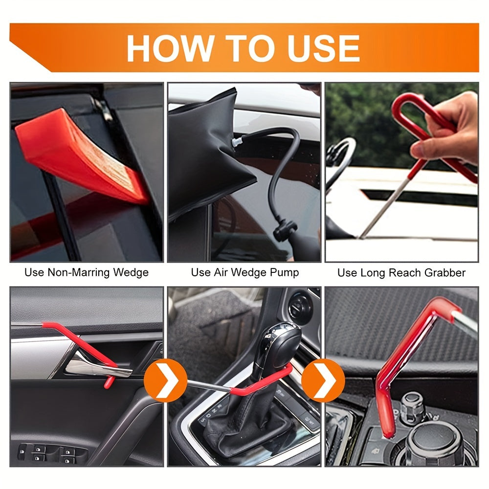 14PCS Car Tool Kit: Roadside Emergency Kit with Long Reach Grabber, Air WedBag Pump, Non-Marring Wed&amp; Carrying Bag - Essential Automotive Kit!