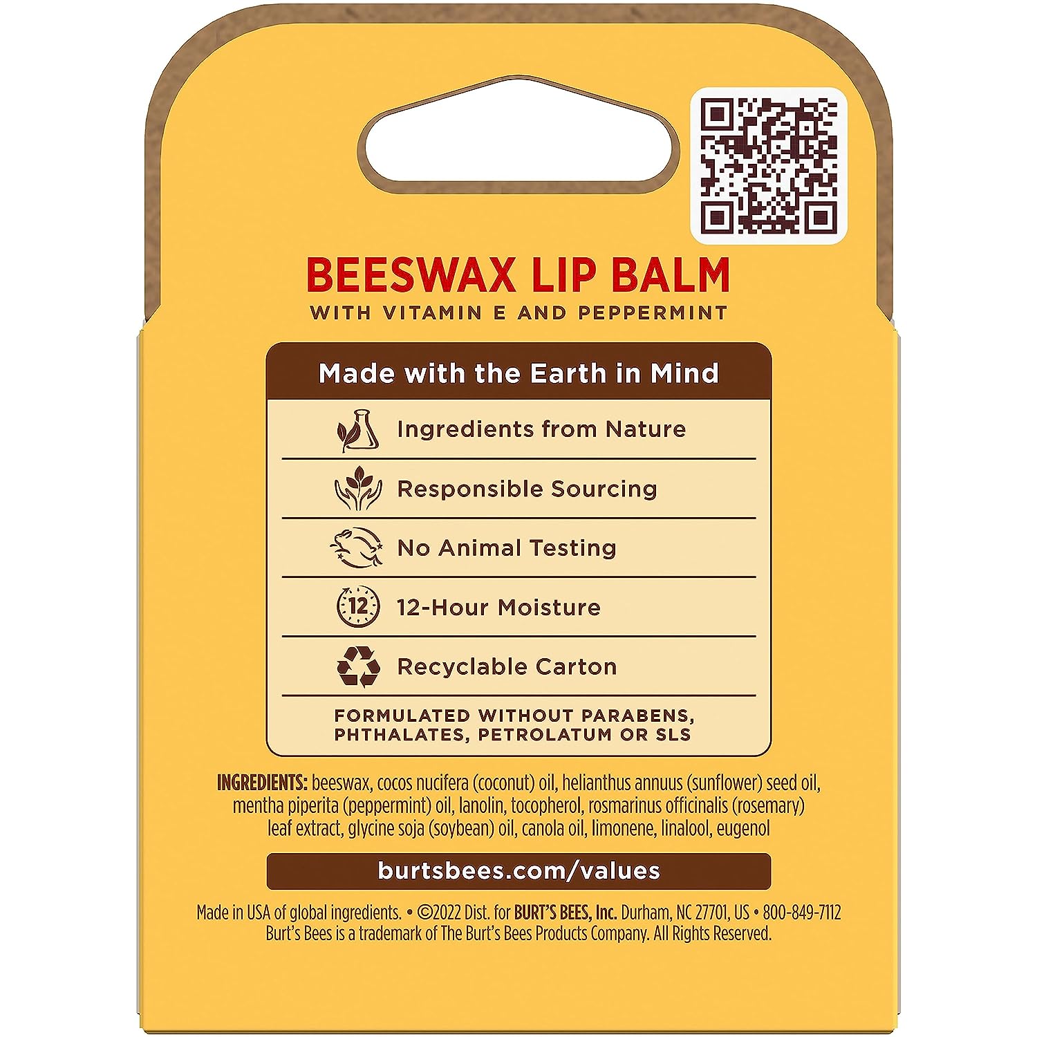 Burt's Bees Lip Balm, Moisturizing Lip Care, for All Day Hydration, 100% Natural, Original Beeswax with Vitamin E &amp; Peppermint Oil (4 Pack)