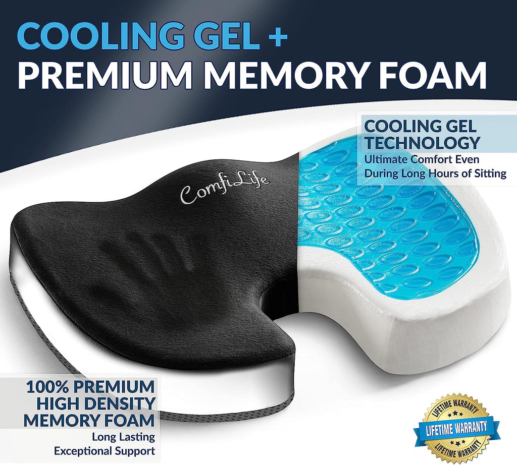 ComfiLife Gel Enhanced Seat Cushion - Non-Slip Orthopedic Gel &amp; Memory Foam Coccyx Cushion for Tailbone Pain - Office Chair Car Seat Cushion - Sciatica &amp; Back Pain Relief (Black)