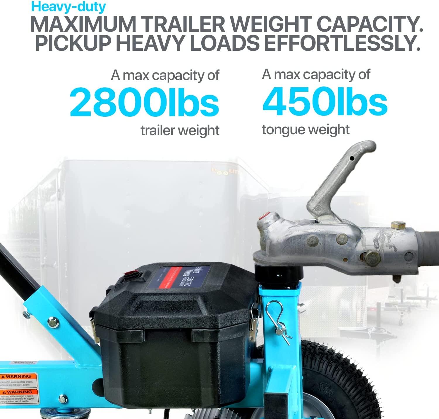 AlphaWorks Trailer Dolly Electric Power 2800LBS Max Trailer Weight, 450LBS Max Tongue Weight, DC 24V 800W 12V 7Ah Powered Heavy Duty Commercial Jack Lever 2" Ball Mount Included