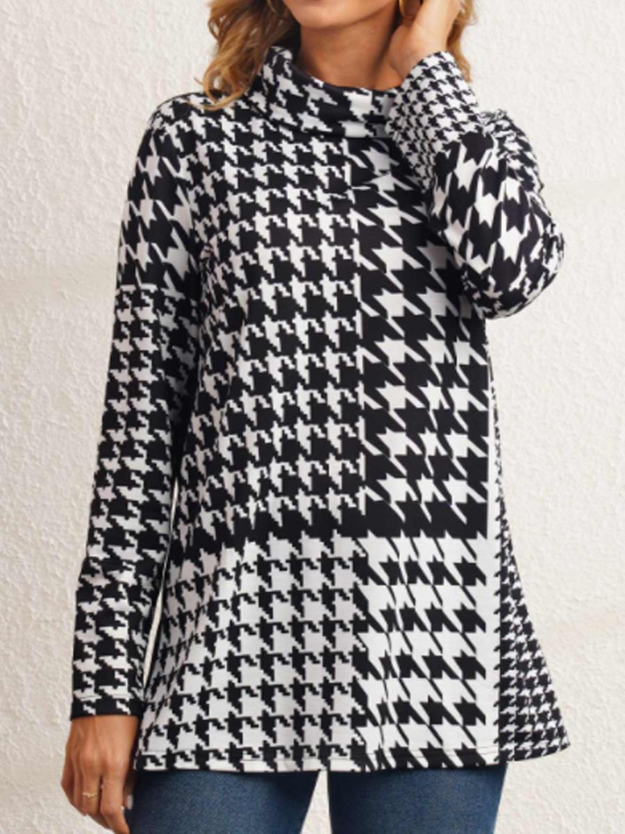 Houndstooth Print Casual Long-sleeved T-shirt