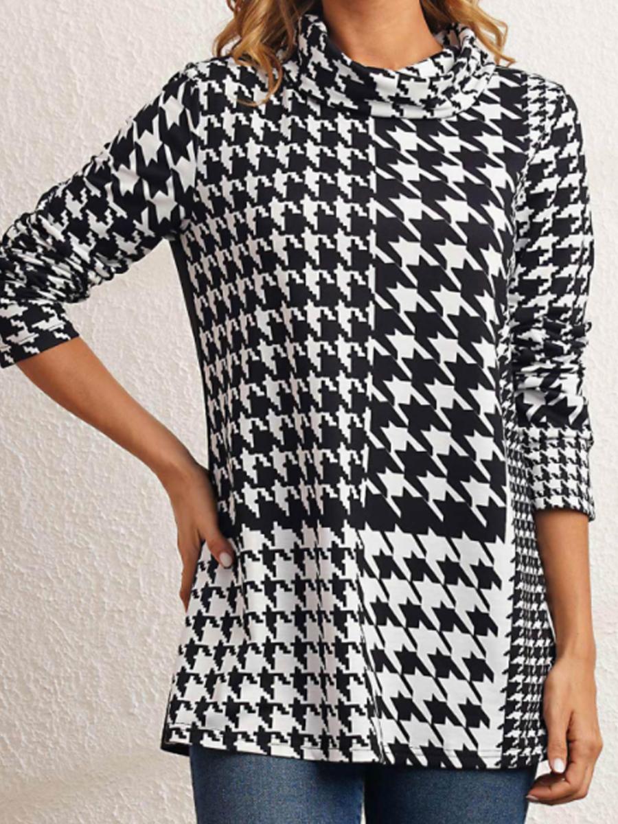 Houndstooth Print Casual Long-sleeved T-shirt