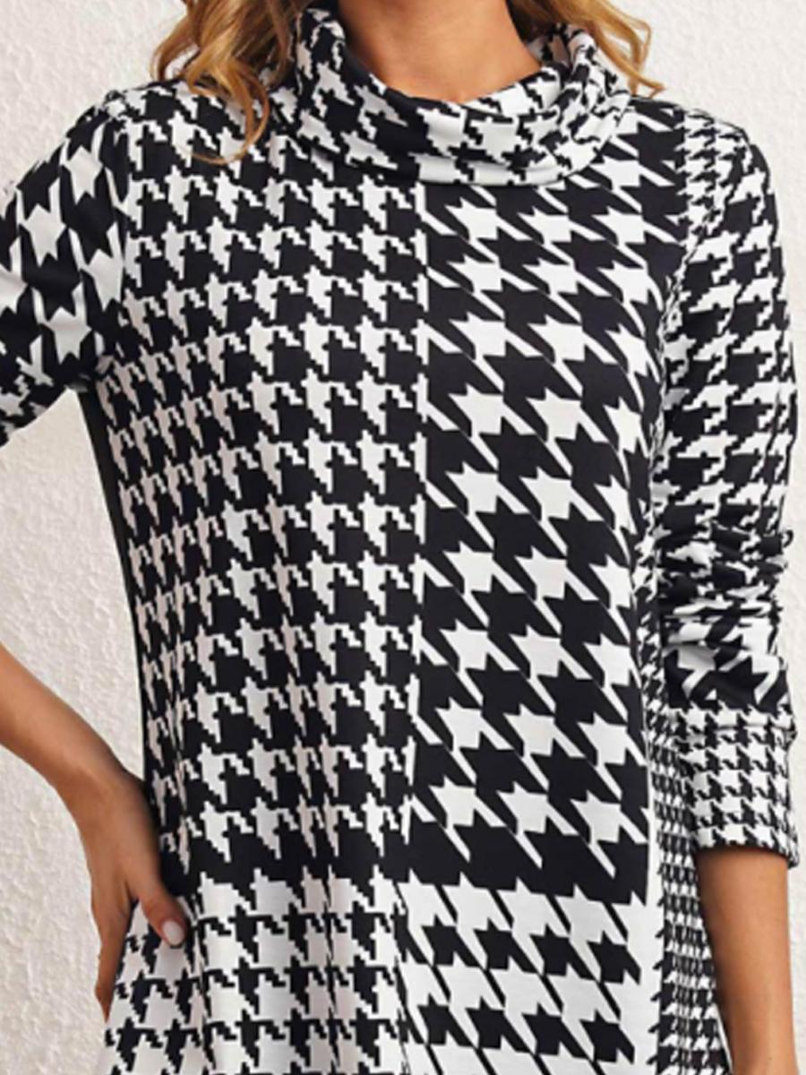 Houndstooth Print Casual Long-sleeved T-shirt