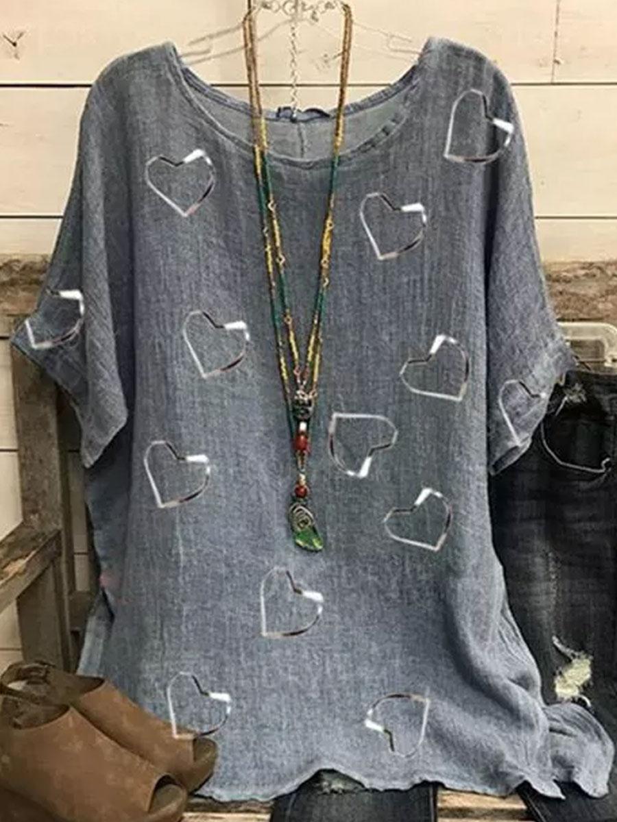 Round Neck Love Print Short Sleeve Fashion Blouse