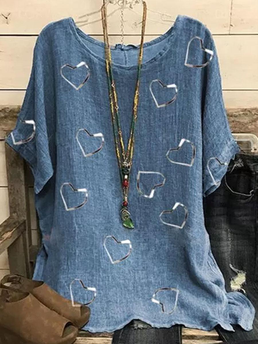 Round Neck Love Print Short Sleeve Fashion Blouse