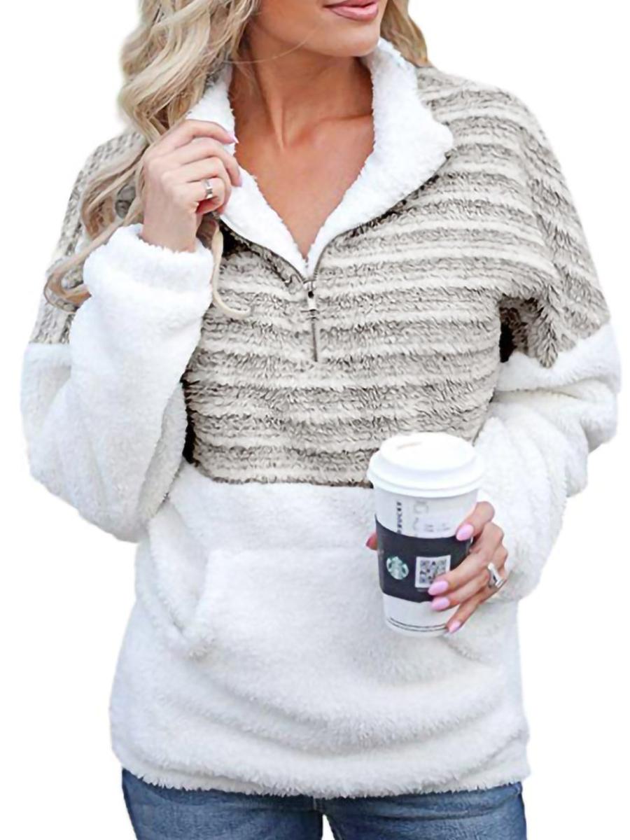 Plush V-neck Zipper Color-block Sweater