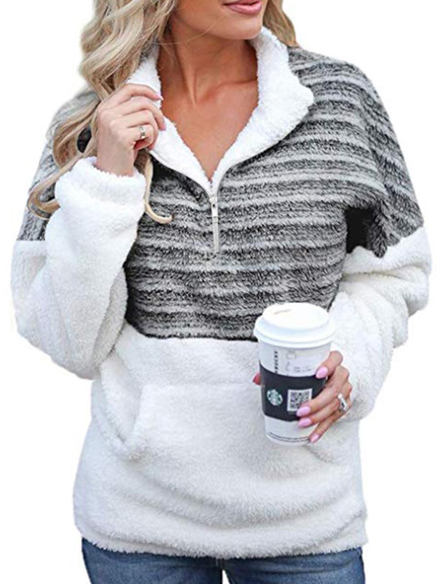 Plush V-neck Zipper Color-block Sweater