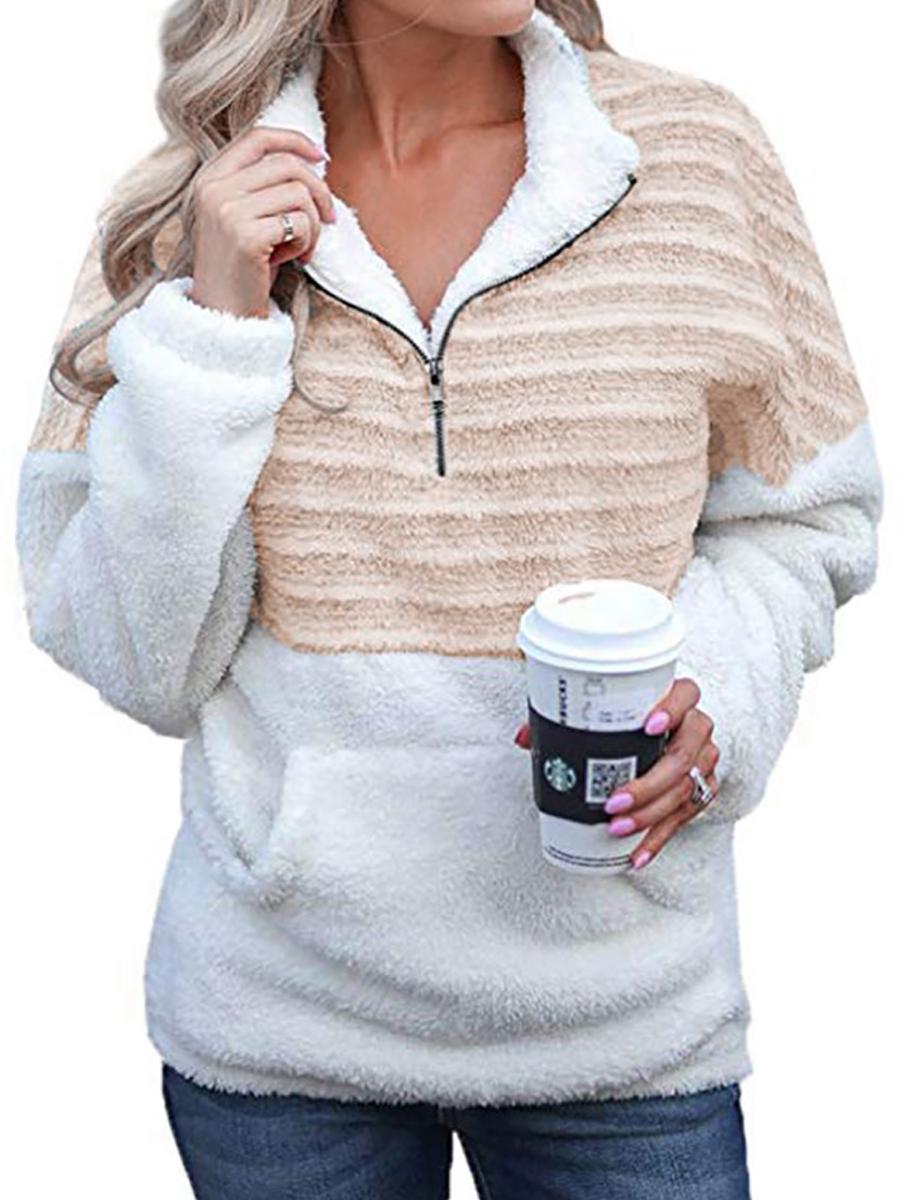 Plush V-neck Zipper Color-block Sweater