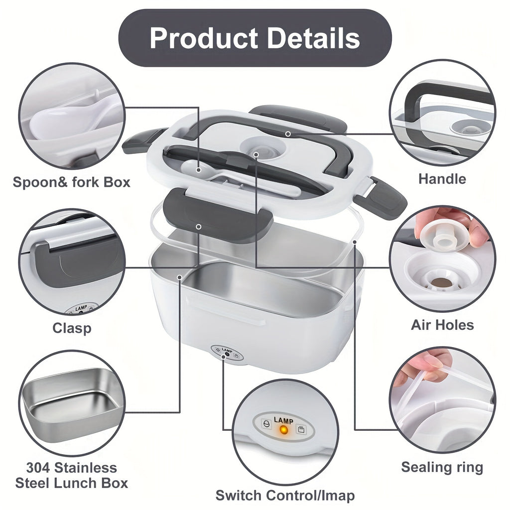 Electric Lunch Box Food Warmer Portable For Car &amp; Home - Leak Proof, Lunch Microwave For Truckers With  Steel Container 50.72 oz, 110V/12V/24V