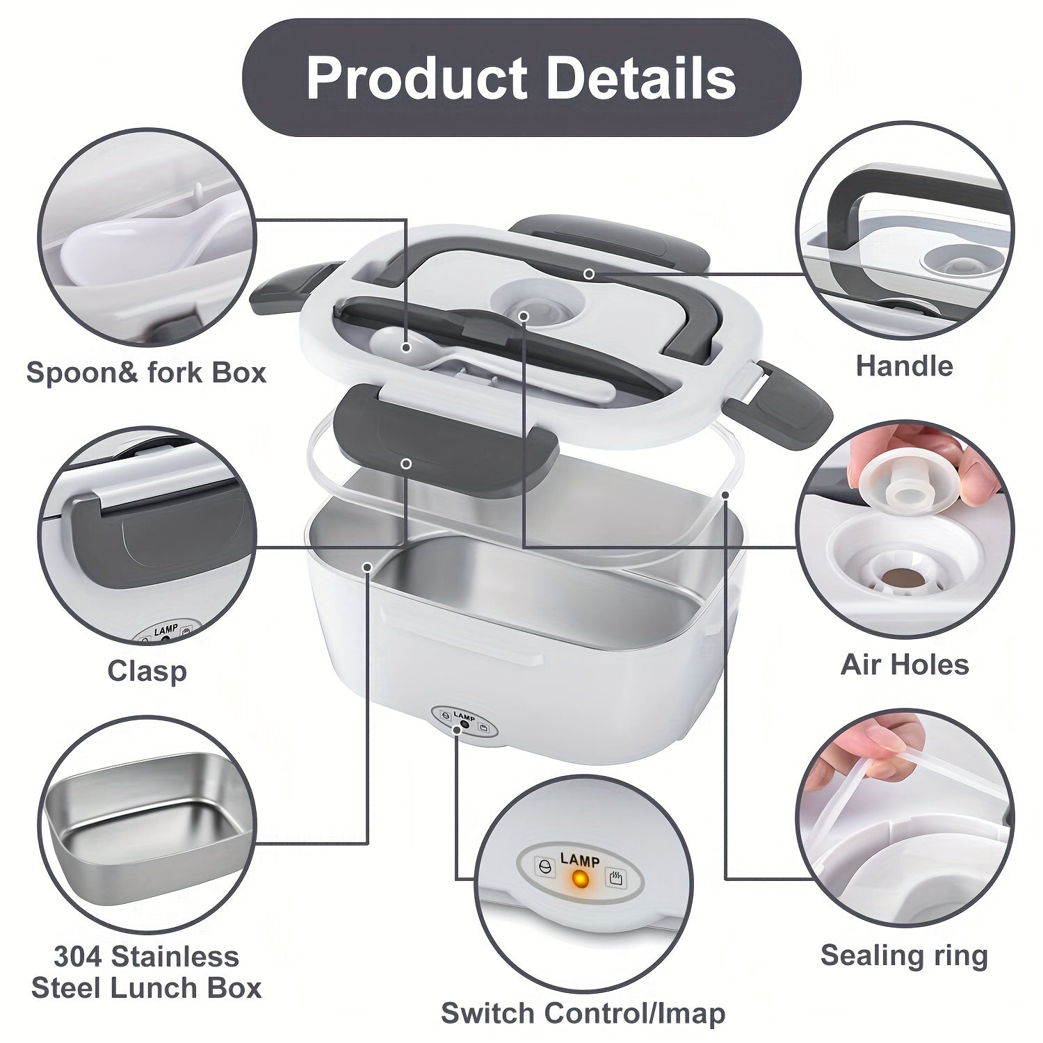 Electric Lunch Box Food Warmer Portable For Car &amp; Home - Leak Proof, Lunch Microwave For Truckers With  Steel Container 50.72 oz, 110V/12V/24V