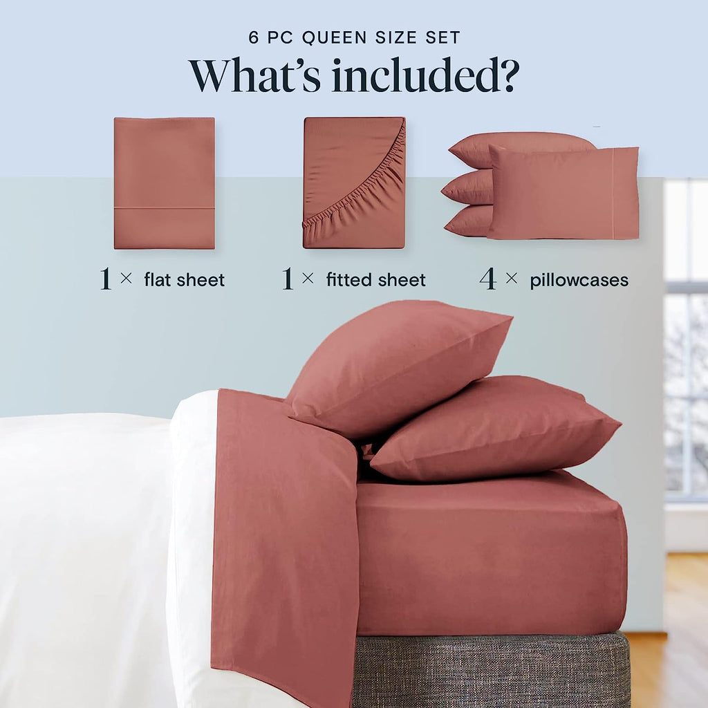 LuxClub 6 PC Queen Sheet Set Bamboo Sheets Deep Pockets 18" Eco Friendly Wrinkle Free Cooling Sheets Machine Washable Hotel Bedding Silky Soft - Salmon Pink Queen