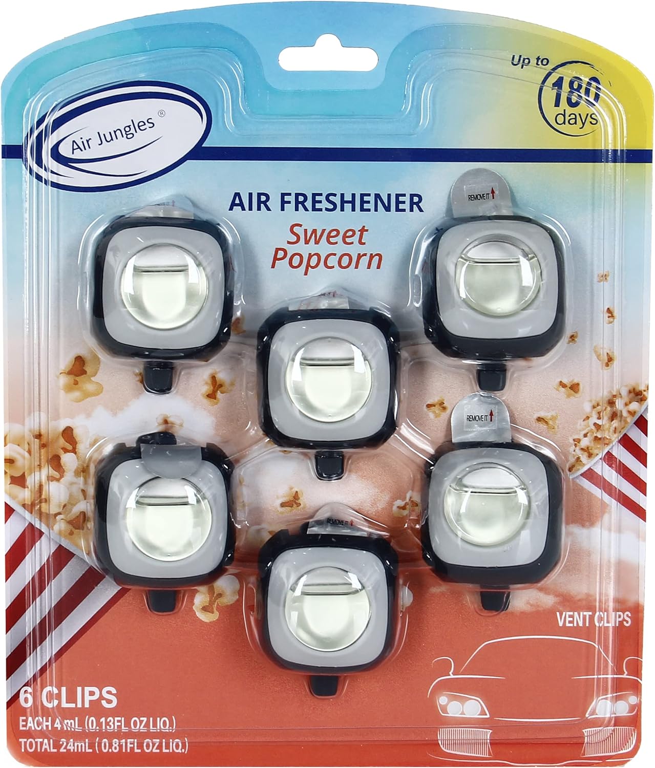 Air Jungles Sweet Popcorn Scent Car Air Freshener Clip, 6 Car Freshener Vent Clips, 4ml Each, Long Lasting Air Freshener for Car, Up to 180 Days Car Refresher