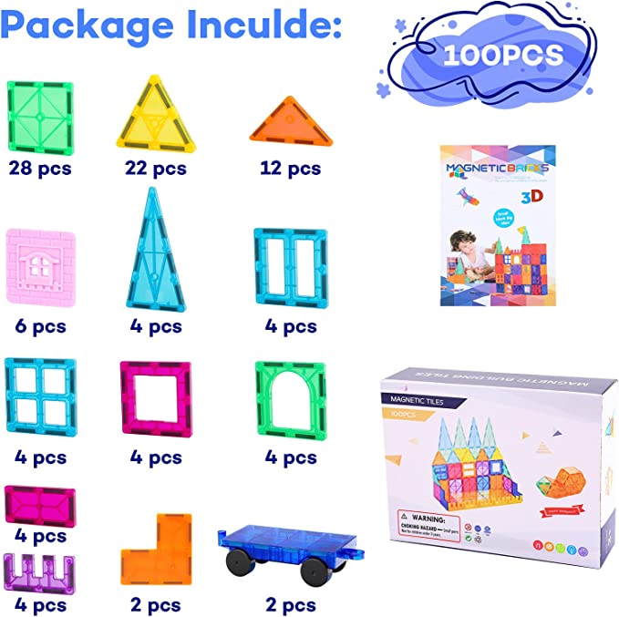 Creative Magnetic Building Blocks Set - 100 Pieces, Preschool STEM Educational Toy, Construction and Stacking Toy for Toddlers