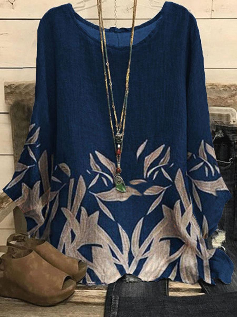 Round Neck Printed Loose Casual Long-sleeved Blouse