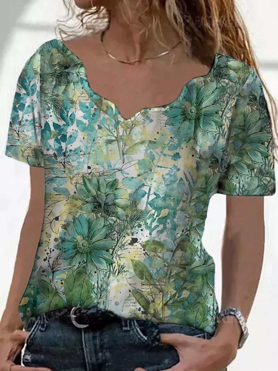 Woman Casual V-neck Floral Print Top